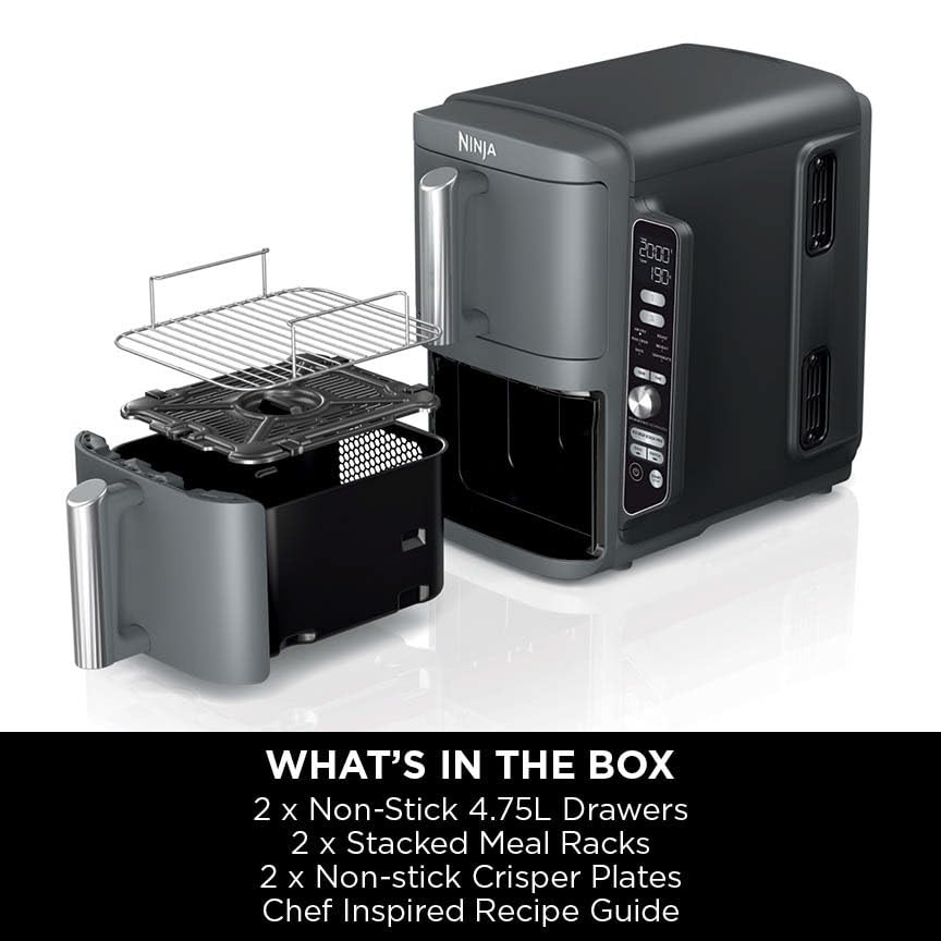 Ninja Double Stack XL Air Fryer, Vertical Dual Drawer AirFryer with 4 cooking levels, 2 Drawers and 2 Racks, Space Saving Design, 9.5L Capacity, 6 Cooking Functions, 8 Portions, Grey SL400UK