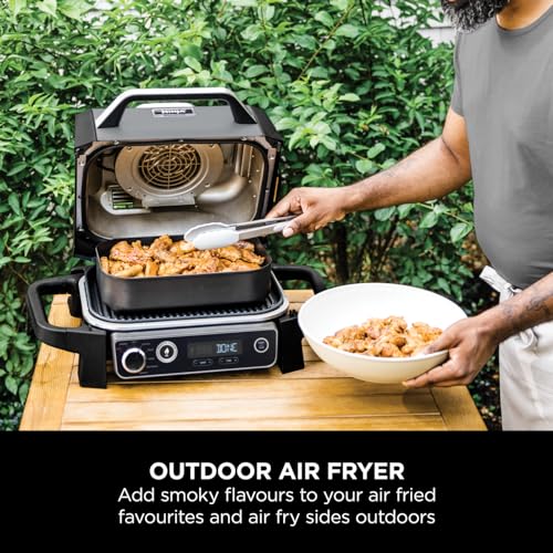 Ninja Woodfire Electric BBQ Grill & Smoker, 7-in-1 Outdoor Grill & Air Fryer, Roast, Bake, Dehydrate, Uses Woodfire Pellets, Weather Resistant, Non-Stick, Portable, Electric, Grey/Black, OG701UK
