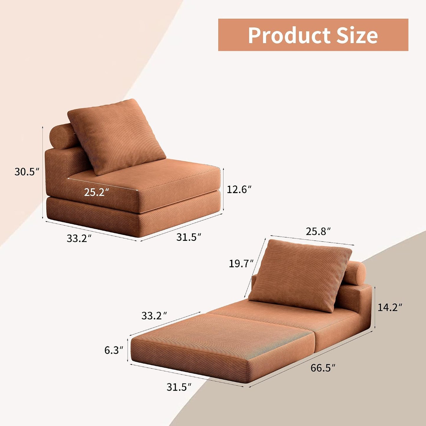 Folding Sofa Bed – Convertible Sleeper Chair Bed with Pillows/Single Floor Couch/Small Futon Couch Filled with High-Density Foam for Lounge, Guest Room or Office (Brown)