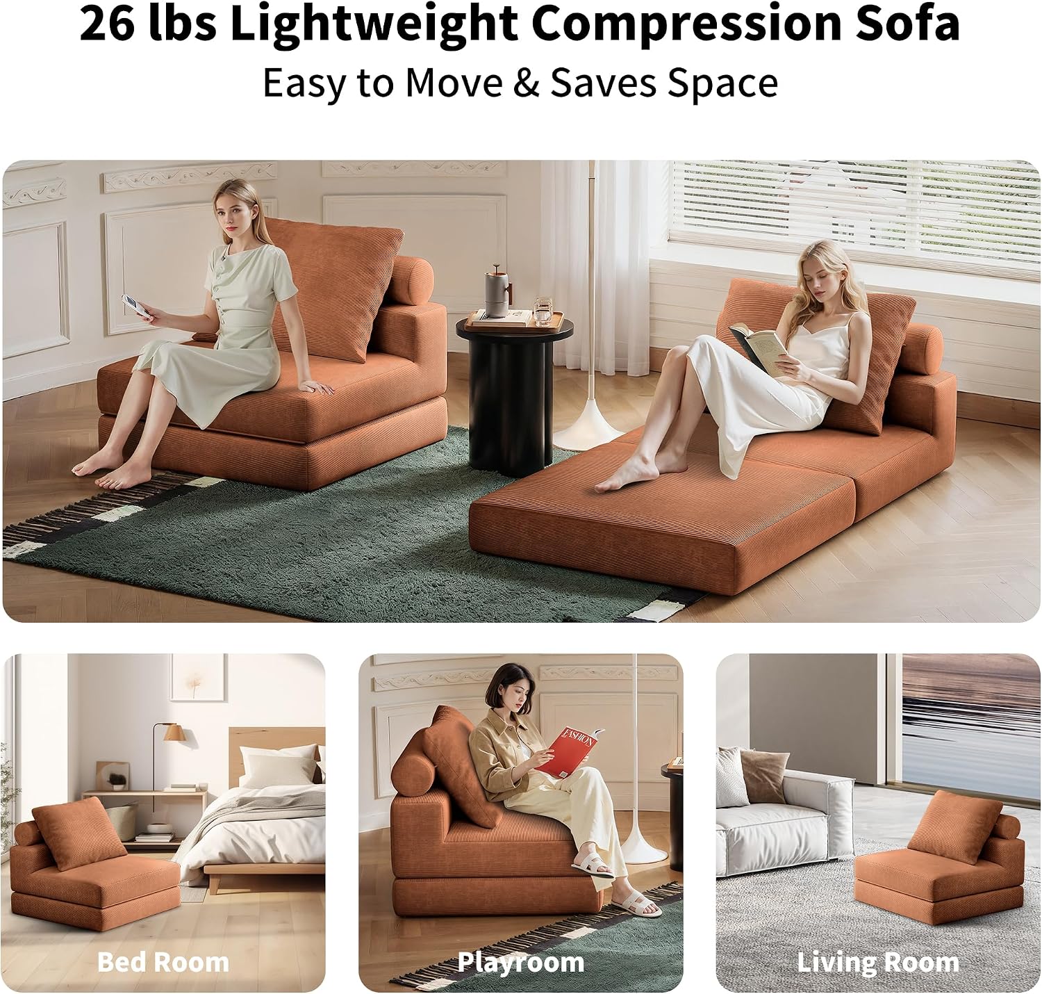 Folding Sofa Bed – Convertible Sleeper Chair Bed with Pillows/Single Floor Couch/Small Futon Couch Filled with High-Density Foam for Lounge, Guest Room or Office (Brown)