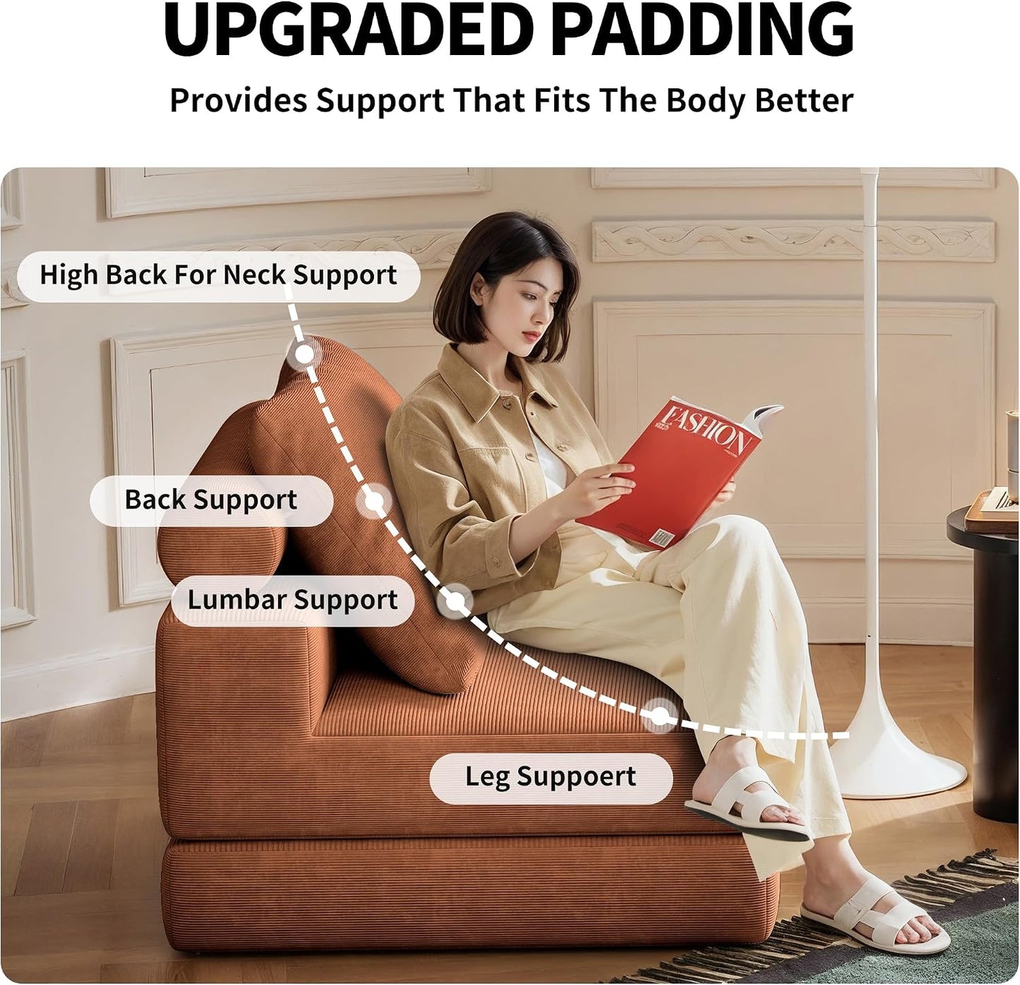 Folding Sofa Bed – Convertible Sleeper Chair Bed with Pillows/Single Floor Couch/Small Futon Couch Filled with High-Density Foam for Lounge, Guest Room or Office (Brown)