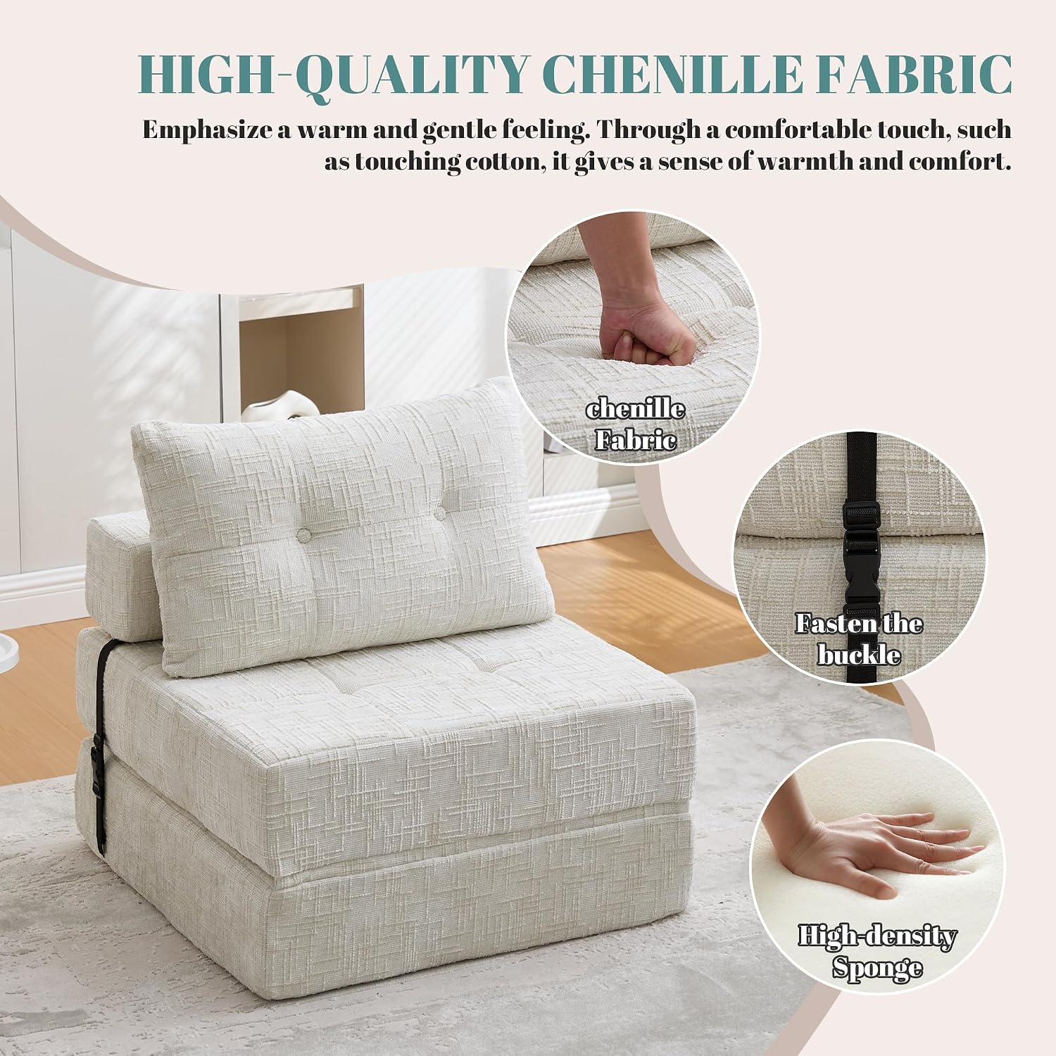 Convertible Folding Sofa Bed, Tufted Chenille Floor Sofa with Pillow