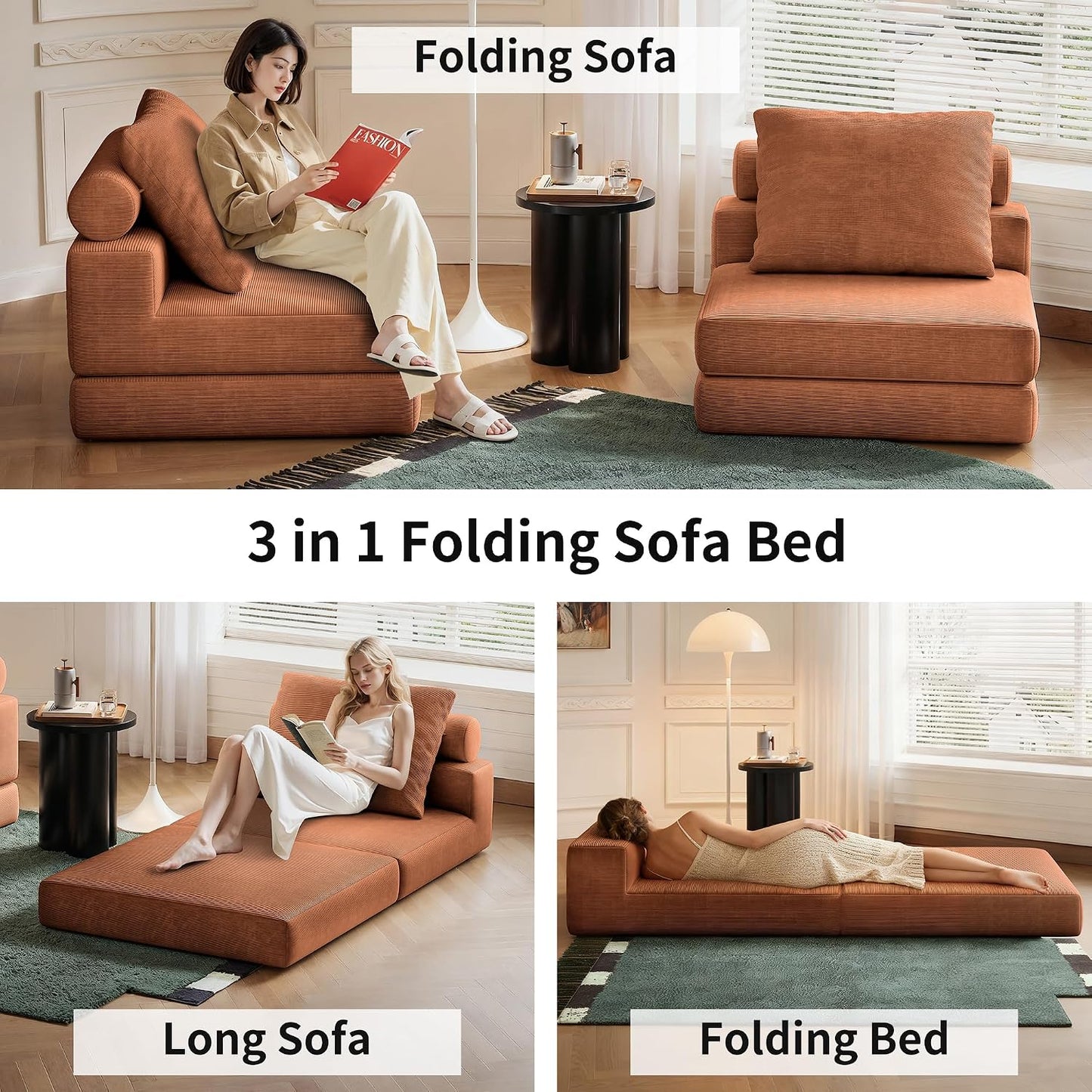 Folding Sofa Bed – Convertible Sleeper Chair Bed with Pillows/Single Floor Couch/Small Futon Couch Filled with High-Density Foam for Lounge, Guest Room or Office (Brown)