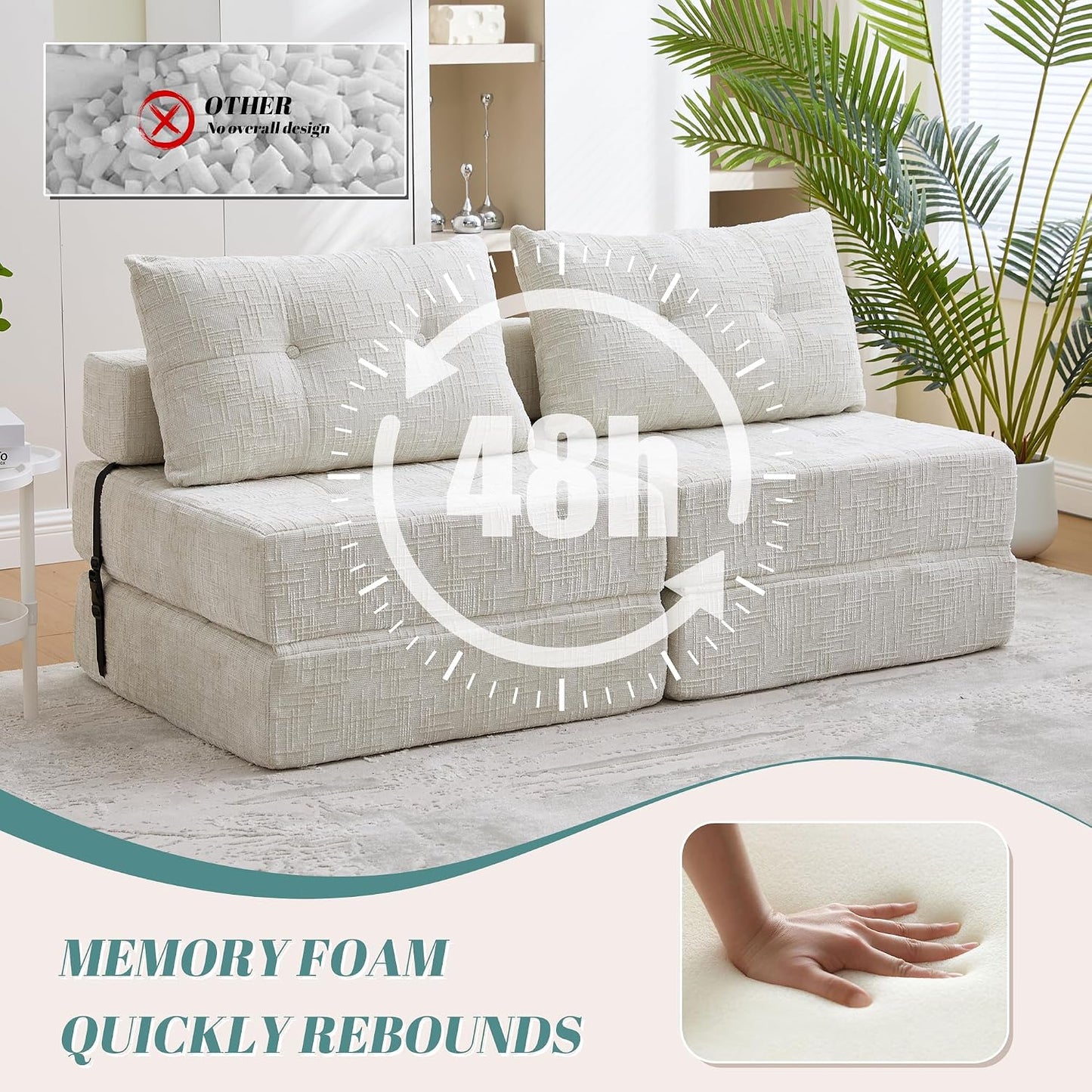 Convertible Folding Sofa Bed, Tufted Chenille Floor Sofa with Pillow