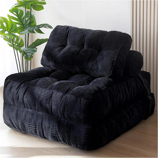 Folding Sofa Bed, Corduroy Floor Couch, Supportive Shredded Foam, No Assembly, Space-saving, Adjustable Convertible Chair for Living Room Bedroom(Color:Black)