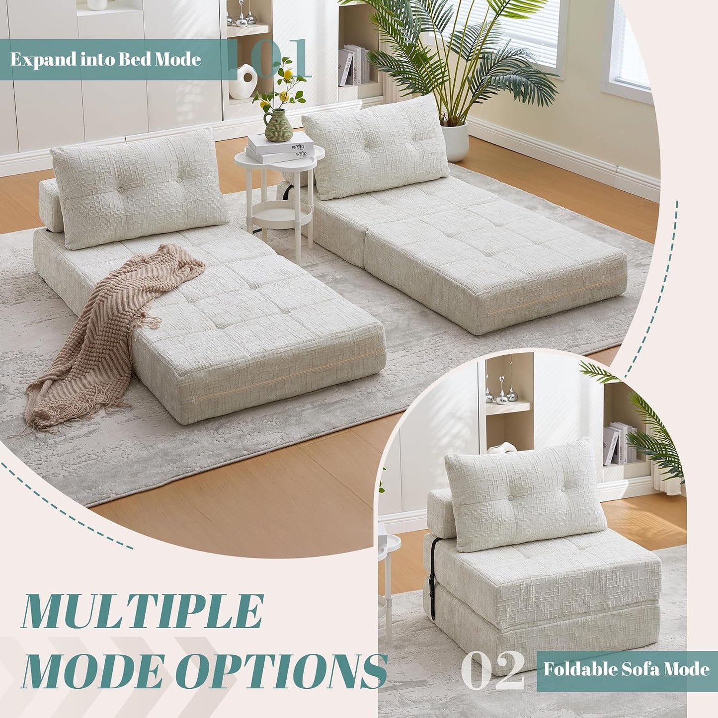 Convertible Folding Sofa Bed, Tufted Chenille Floor Sofa with Pillow