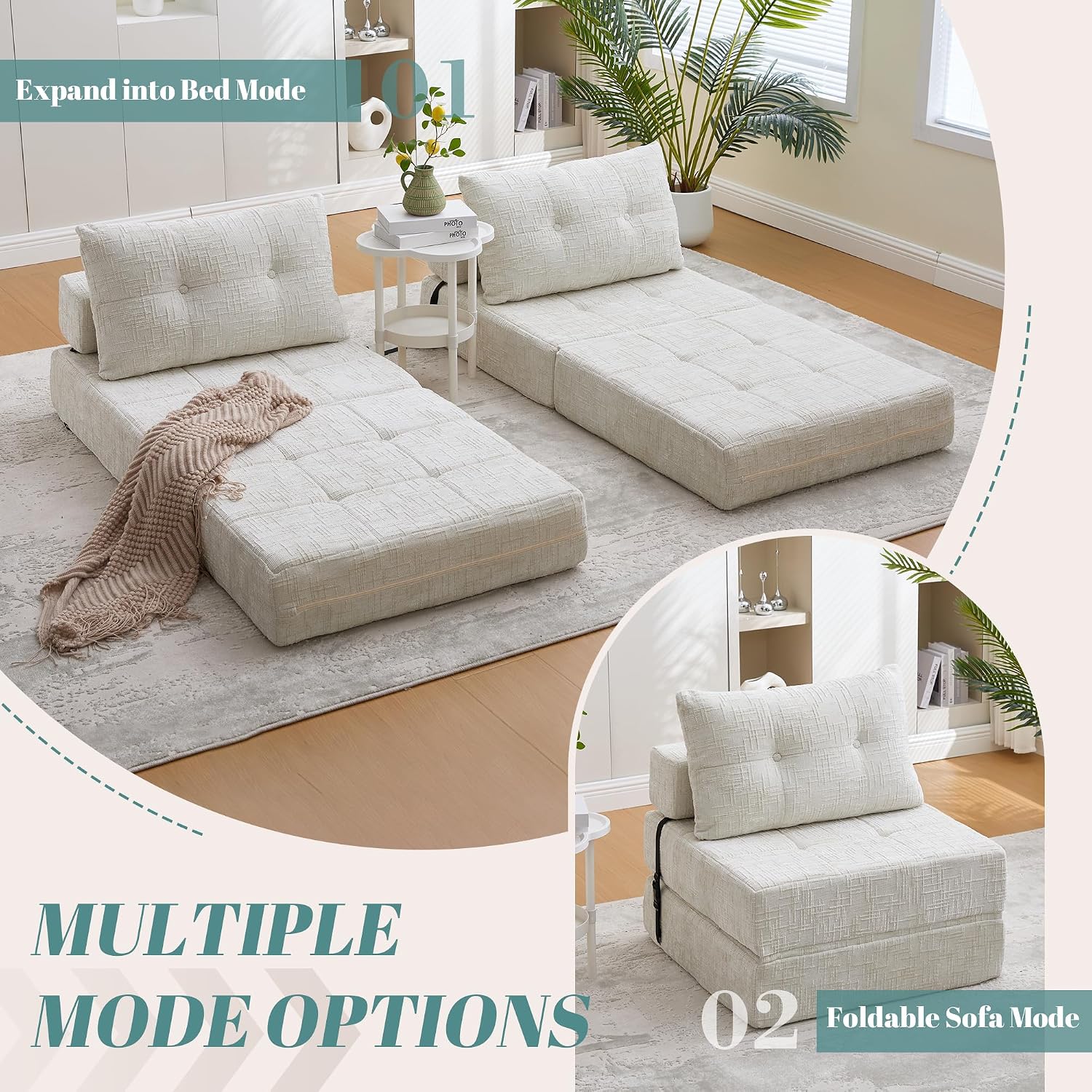 Convertible Folding Sofa Bed, Tufted Chenille Floor Sofa with Pillow