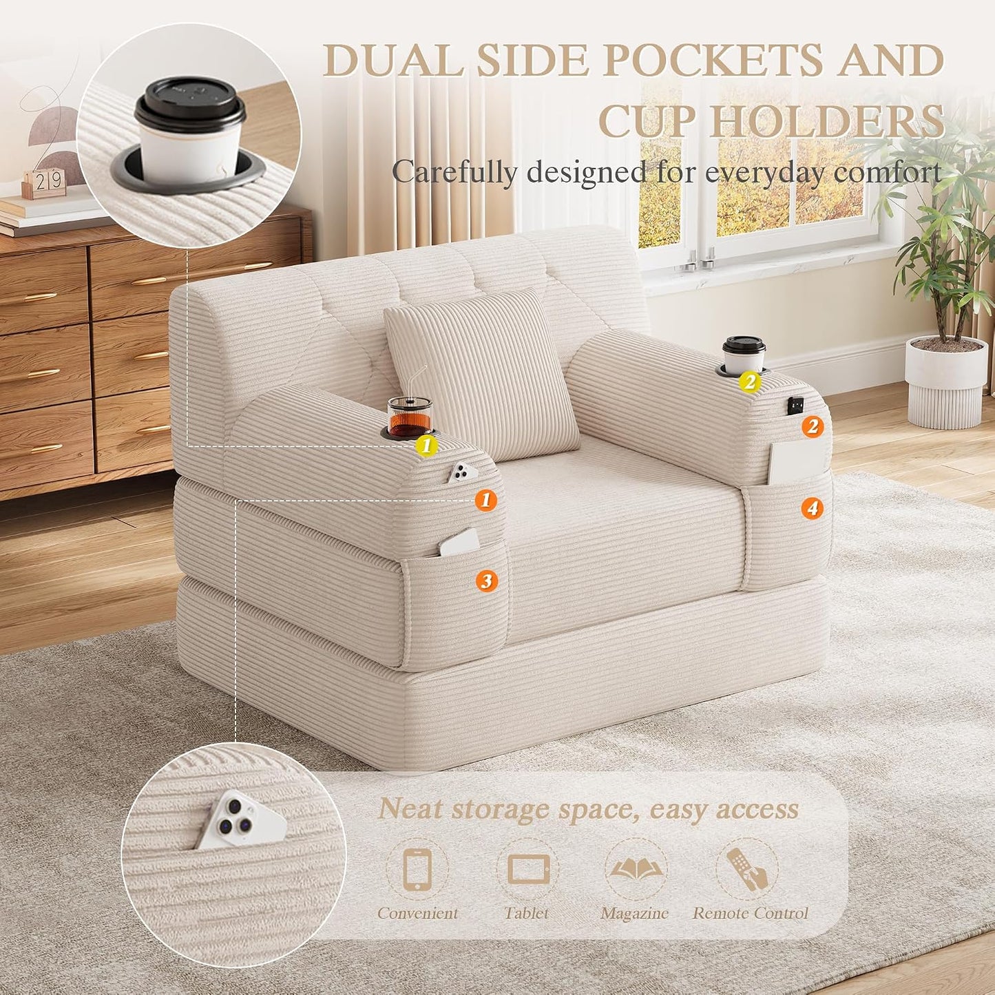 Single Sofa Bed, Reading Chair & Chaise Lounge for Small Living Rooms