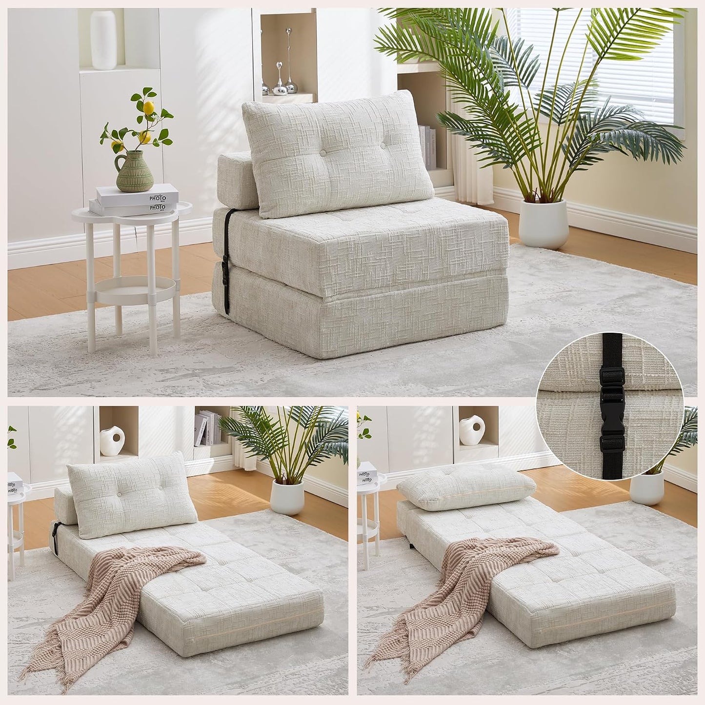 Convertible Folding Sofa Bed, Tufted Chenille Floor Sofa with Pillow