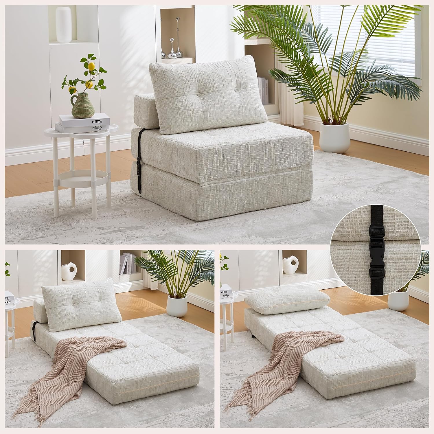 Convertible Folding Sofa Bed, Tufted Chenille Floor Sofa with Pillow